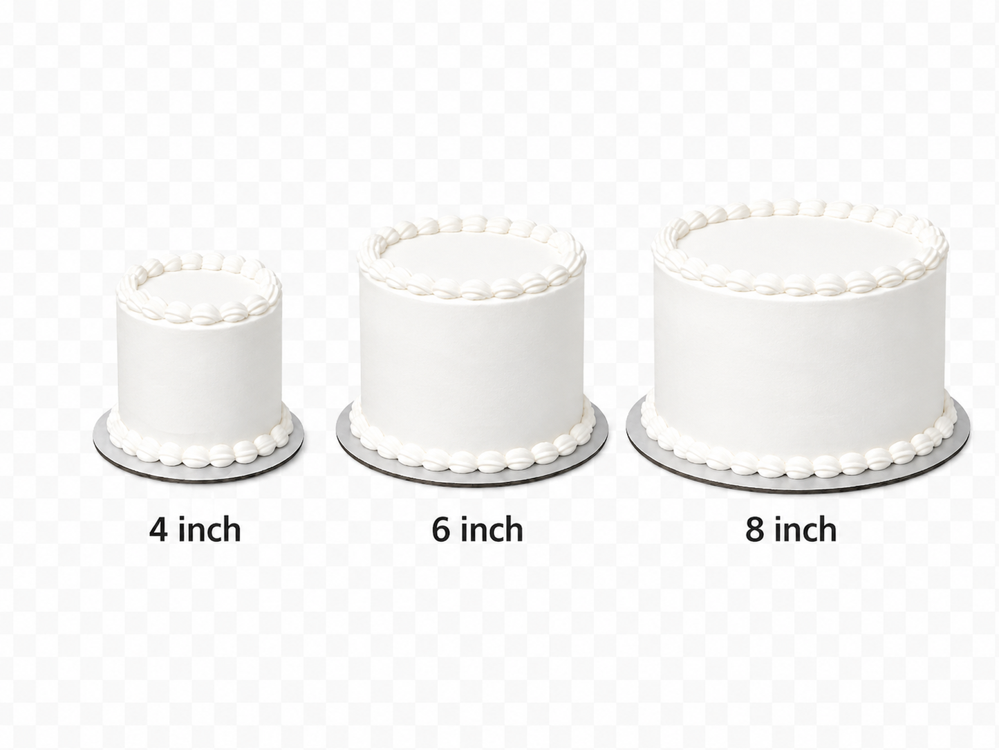 whipped icing cakes 3 layer comparison on size 4in, 6in, 8in 