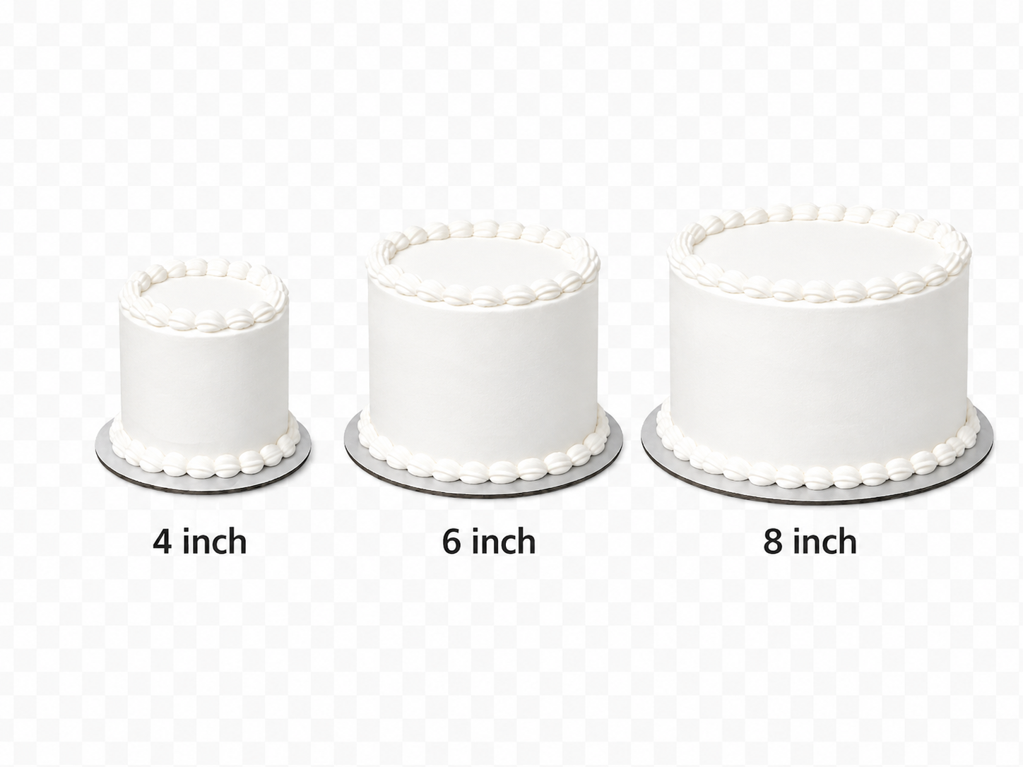 whipped icing cakes 3 layer comparison on size 4in, 6in, 8in 