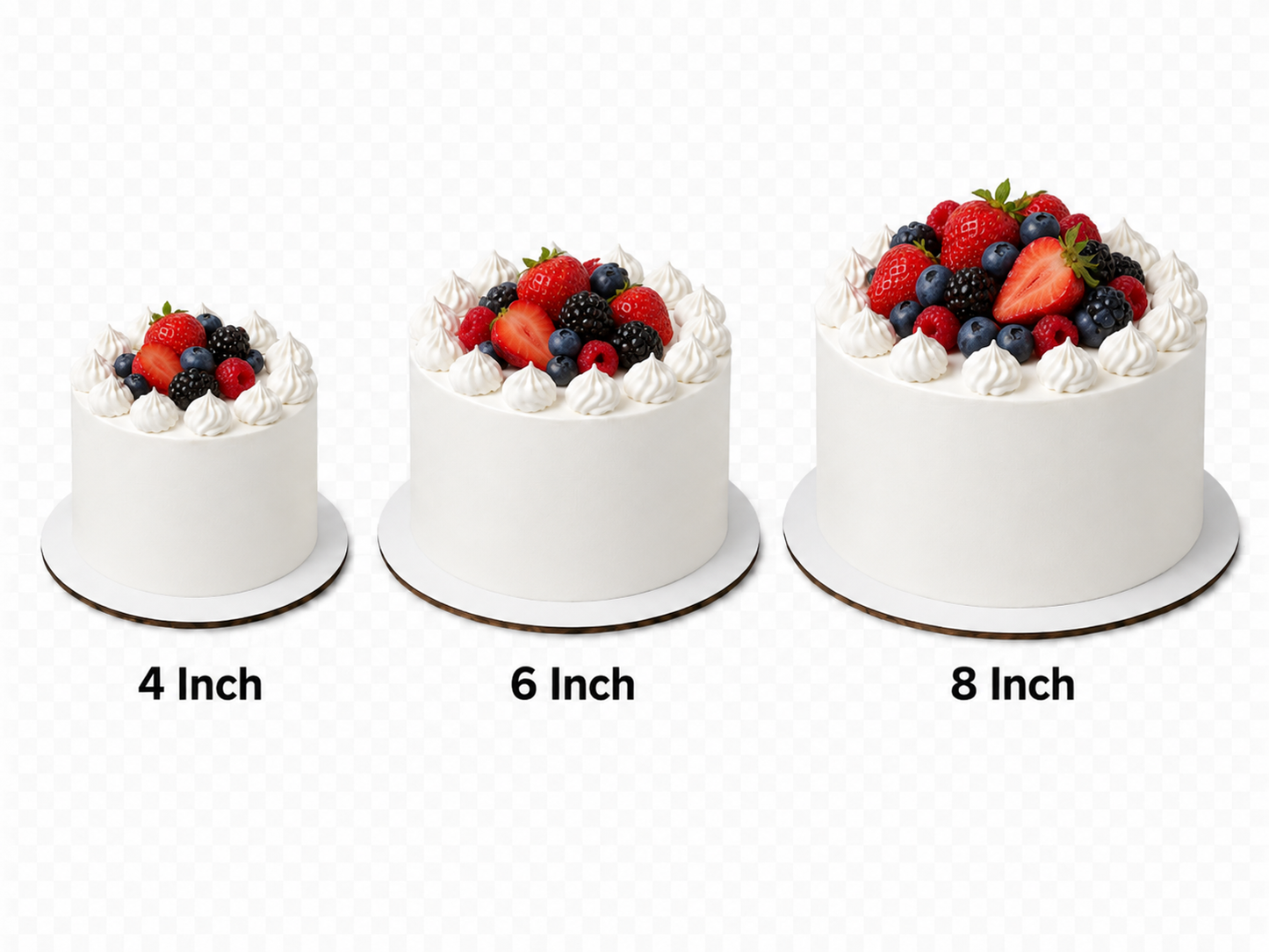 fresh berries and pastry cream cake  design cake size comparison of whipped frosting cakes 4in, 6in, 8in