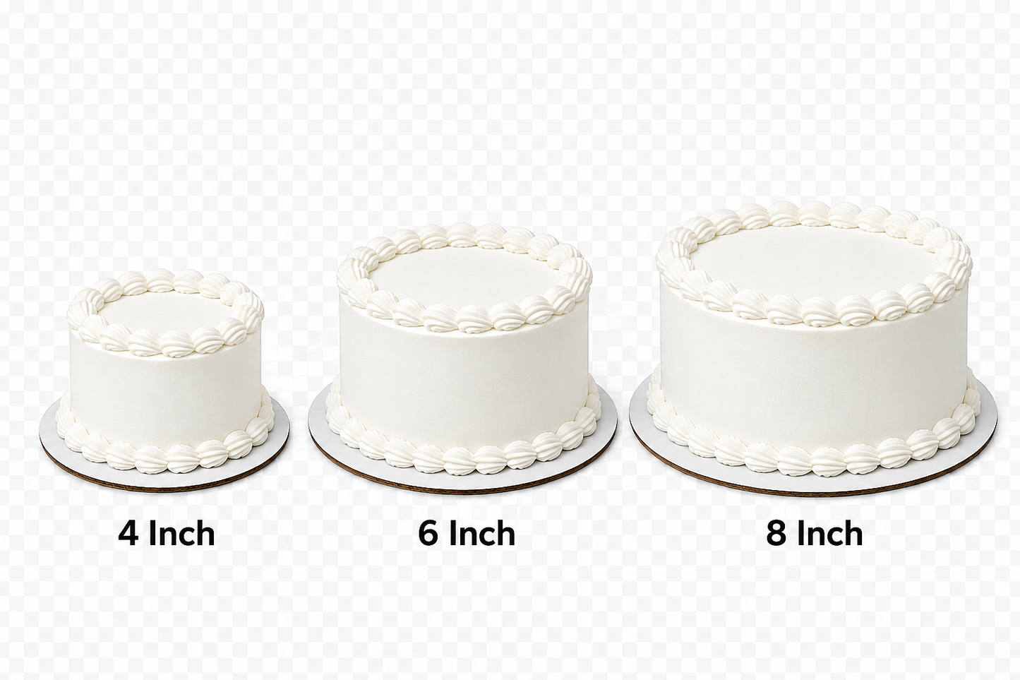 whipped icing cakes 2 layer comparison size 4in, 6in, 8in.