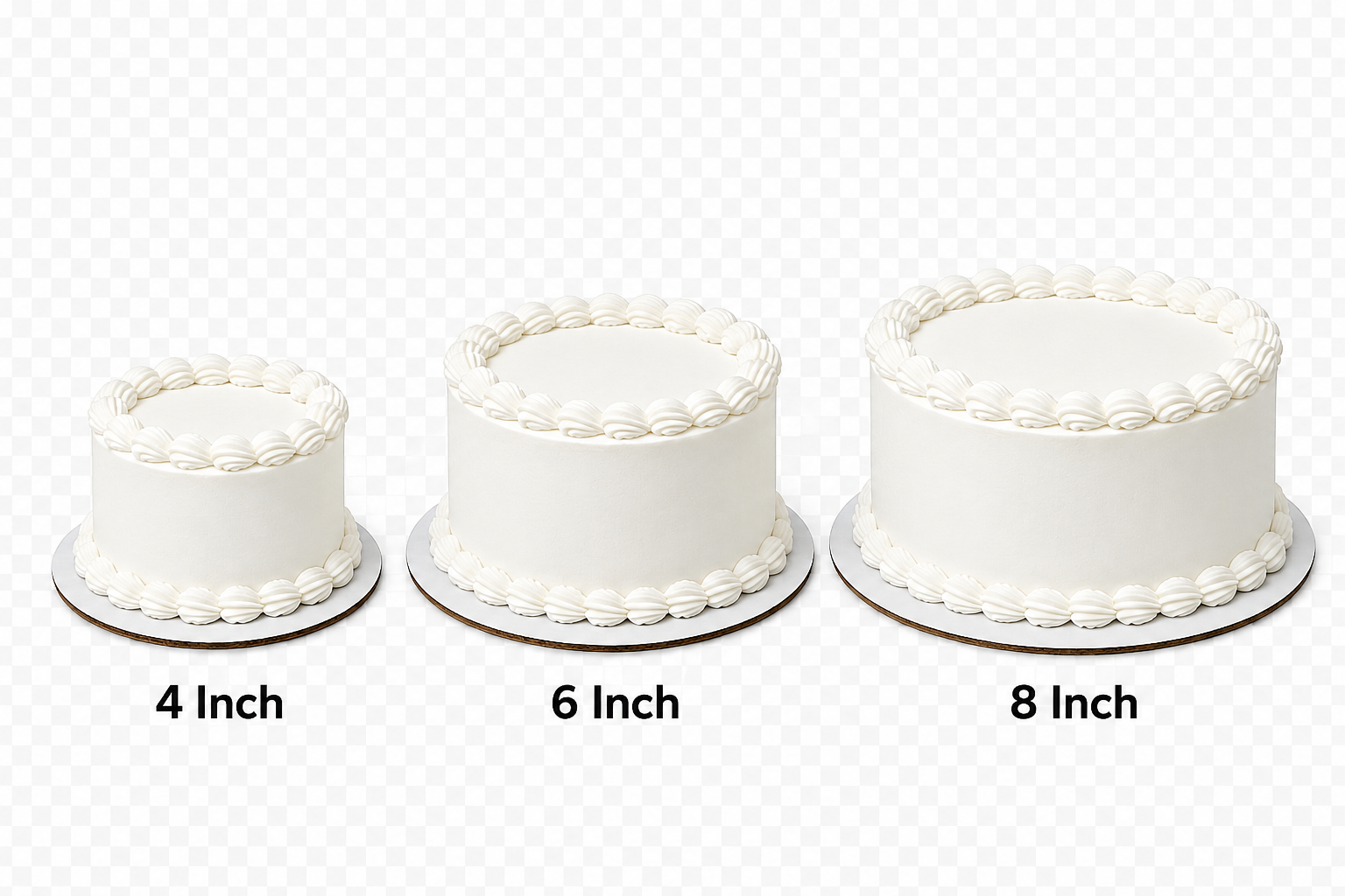 whipped icing cakes 2 layer comparison size 4in, 6in, 8in.