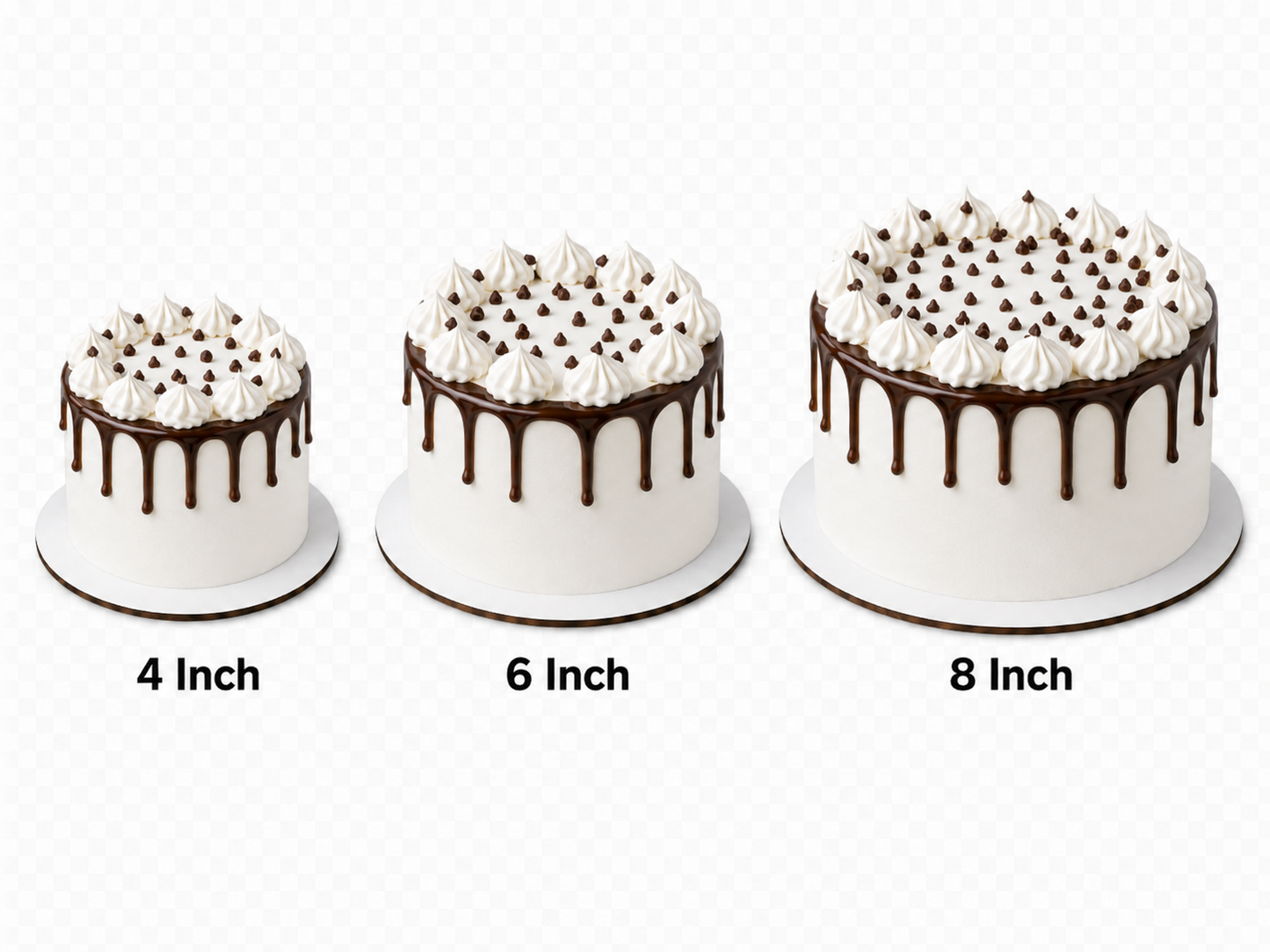 chocolate drip cake  design cake size comparison of whipped frosting cakes 4in, 6in, 8in