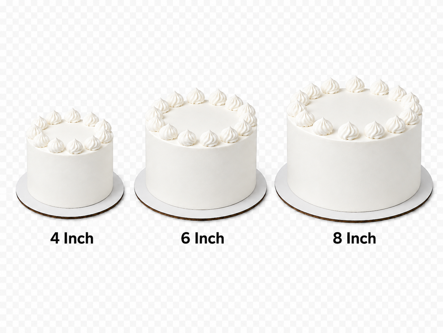 whipped icing cakes with dollops size comparison 4in, 6in, 8in