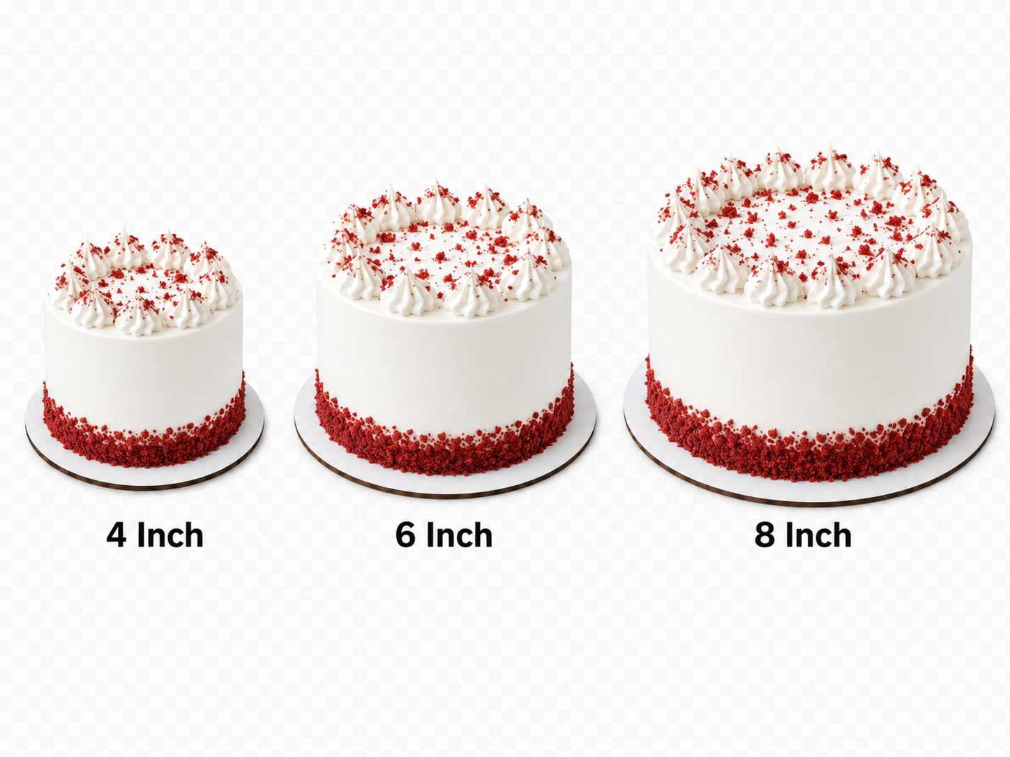 red velvet cake design cake size comparison of whipped frosting cakes 4in, 6in, 8in