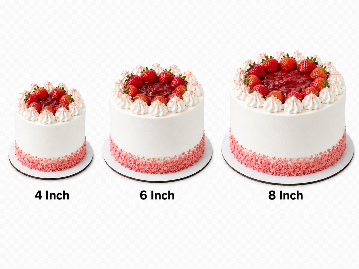 strawberry cake  design cake size comparison of whipped frosting cakes 4in, 6in, 8in