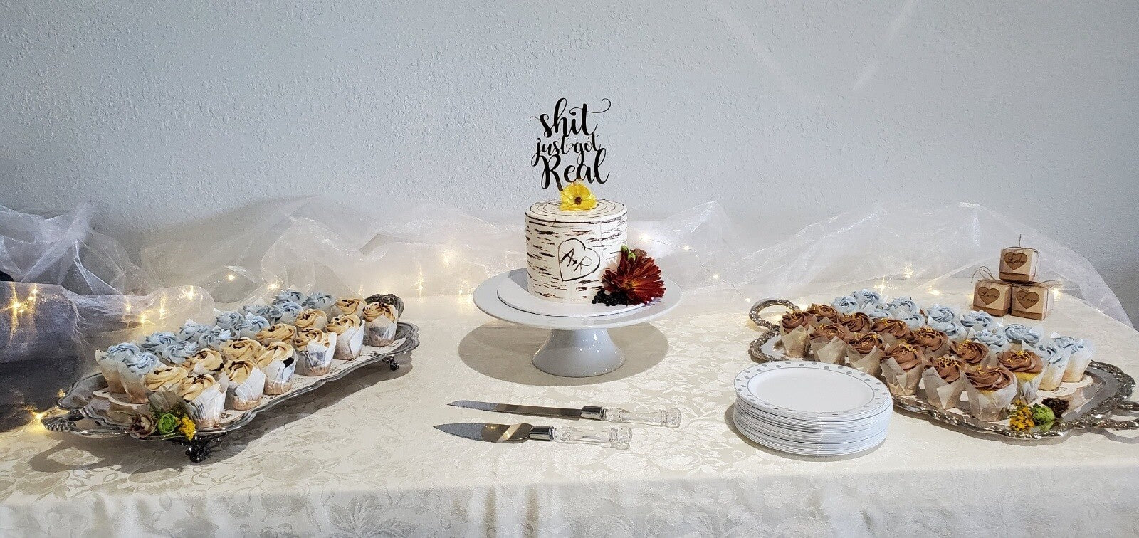 funny wedding cake topper that says shit just got real.