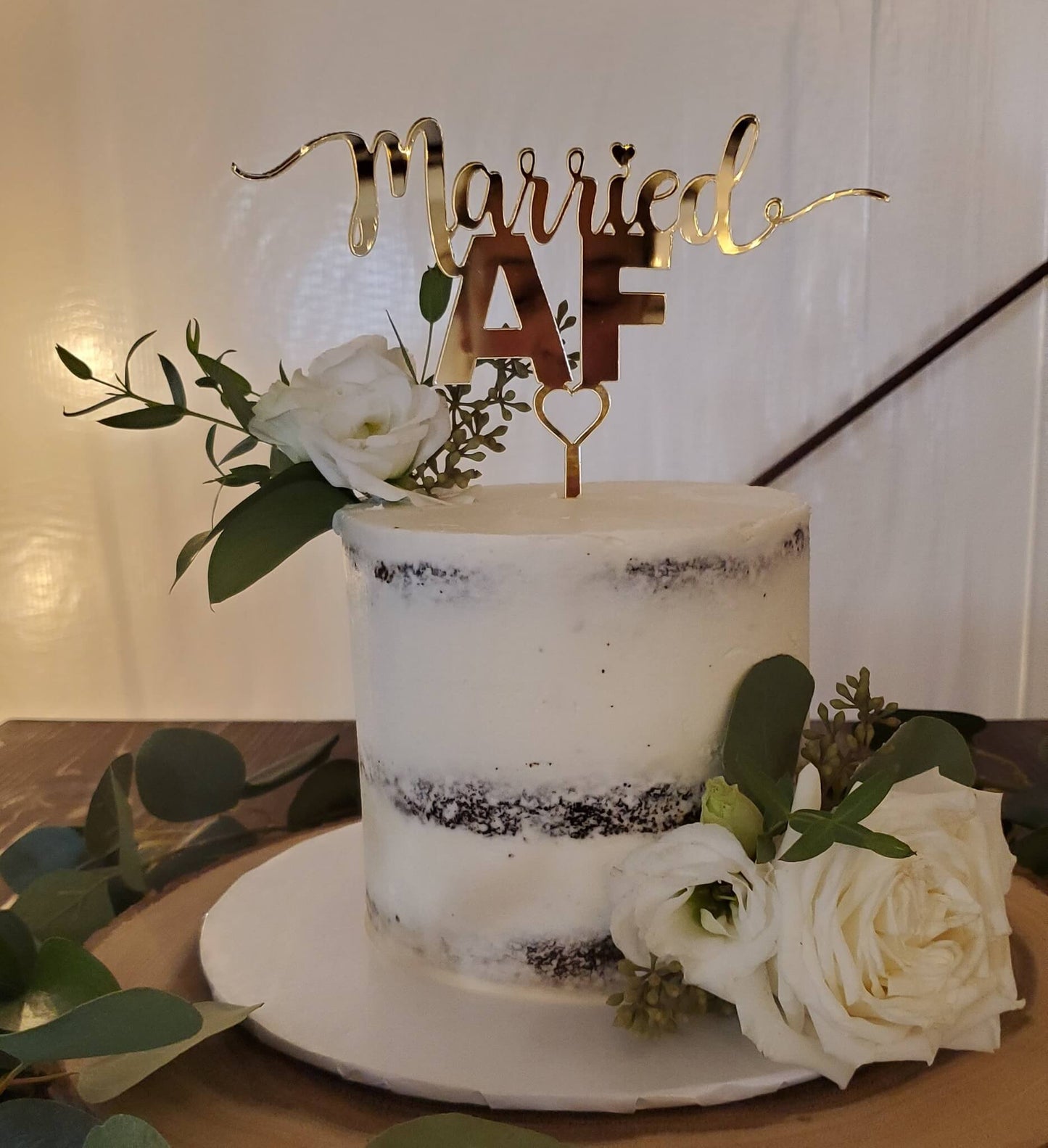 married AF wedding cake topper on semi naked wedding cake in Phoenix.