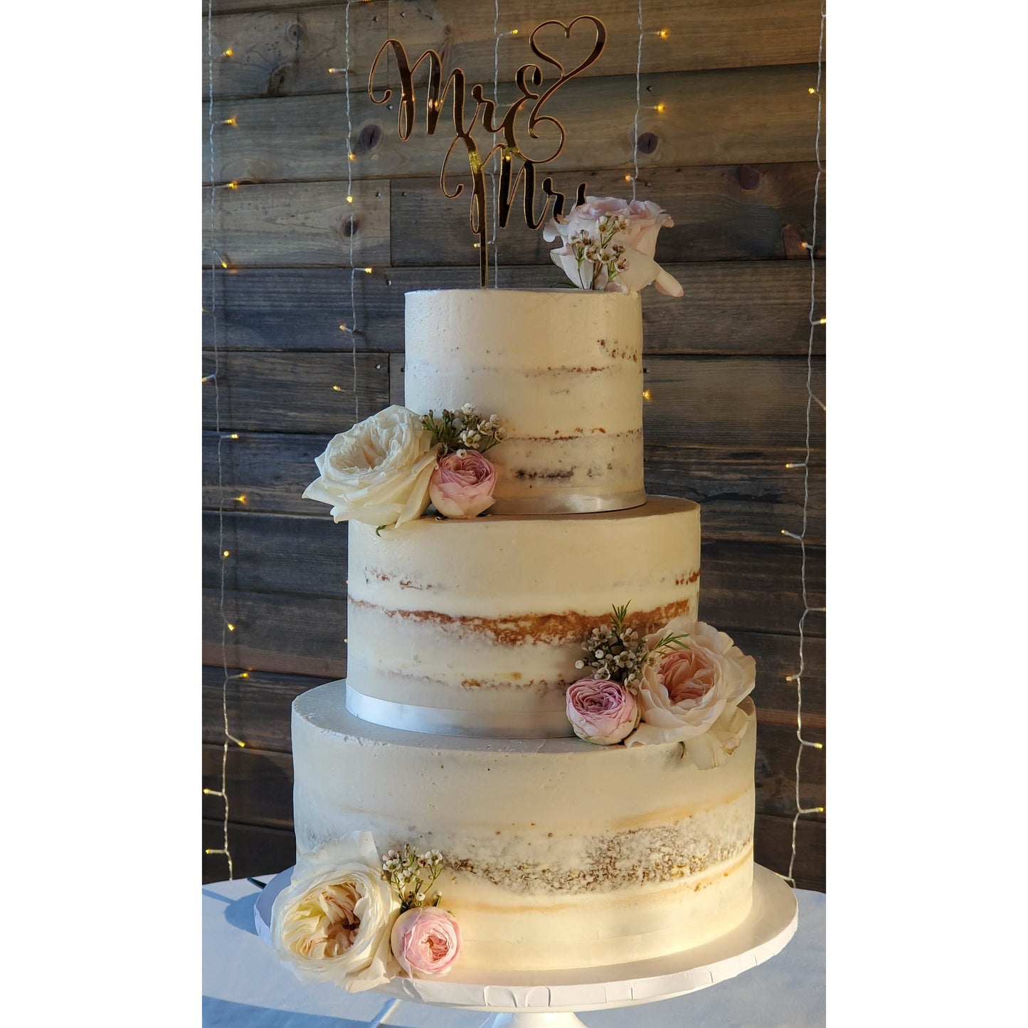3 Tier Naked Cake with Pink and White Roses