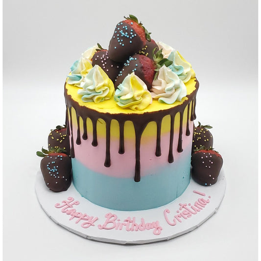 Rainbow Ombre Drip Cake with Dipped Strawberries